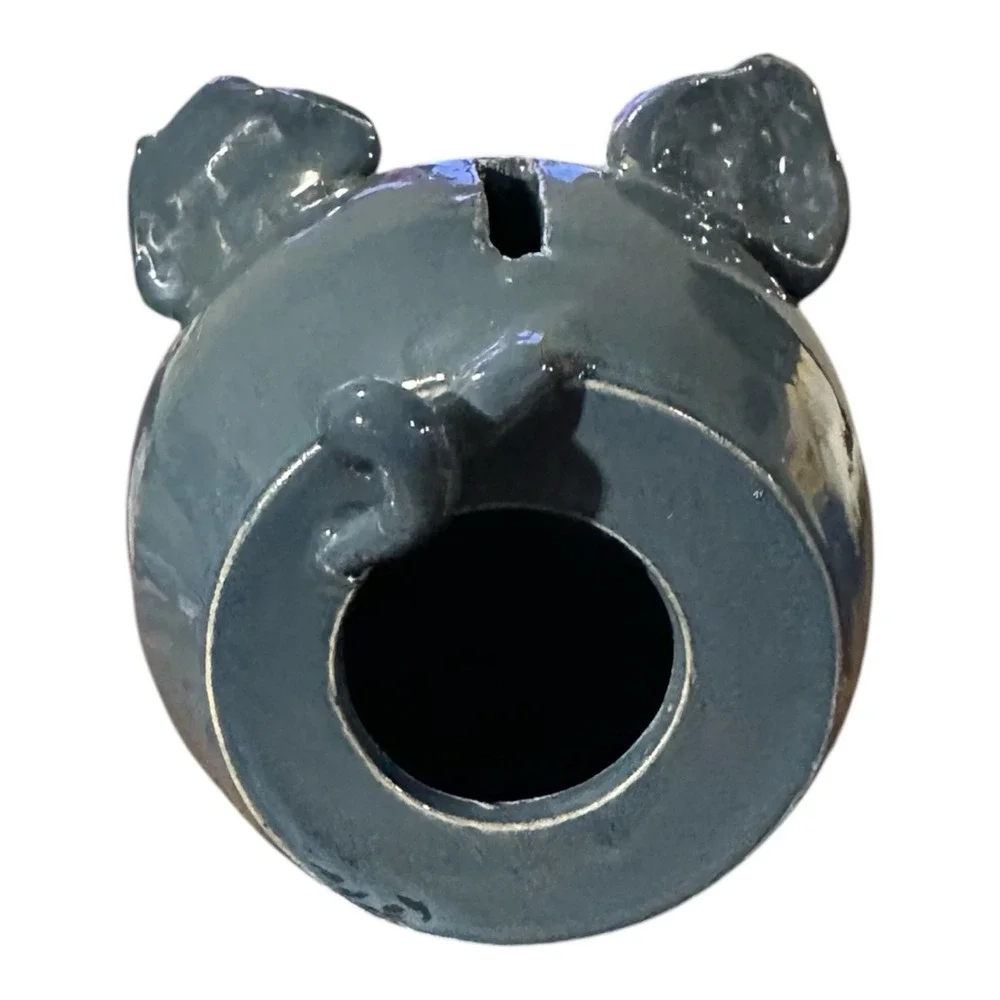 Handmade Studio Pottery Blue/Gray Ceramic Pig Piggy Bank Cork Stopper Folk Art